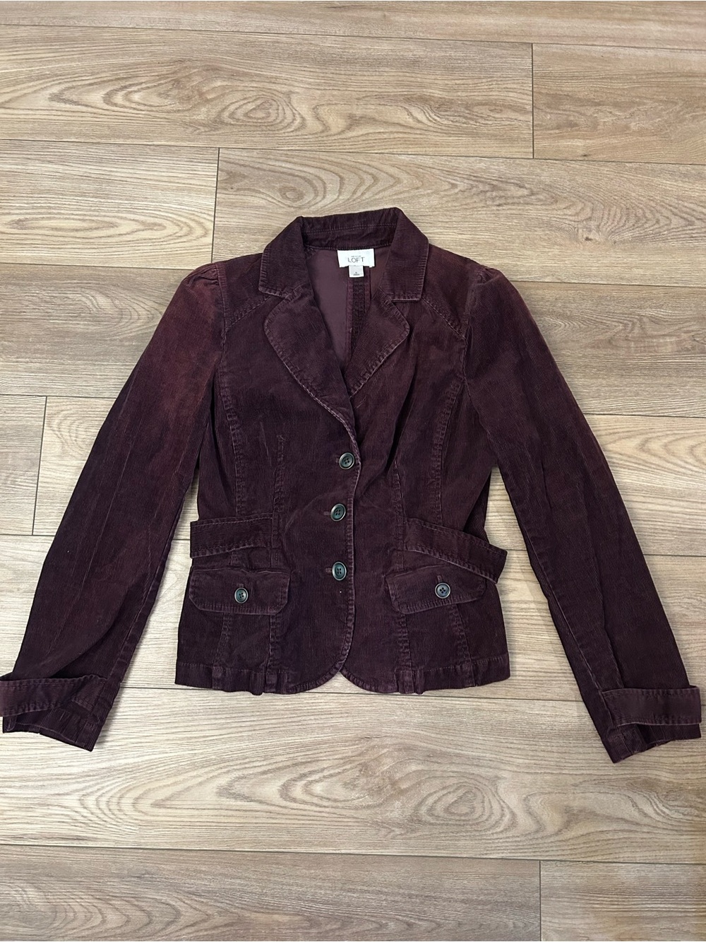 Ann Taylor LOFT Burgundy Corduroy Blazer Jacket Belted Stretch Cotton 6